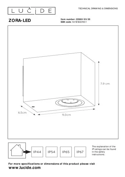 Lucide ZORA-LED - Spot mural / Applique mural Intérieur/Extérieur - LED Dim. - GU10 - 1x5W 3000K - IP44 - Noir - technique